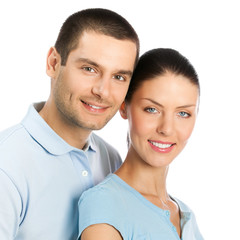 Young happy smiling couple, isolated over white
