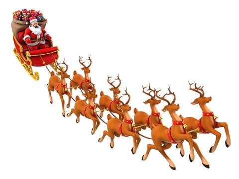 Santa Claus rides reindeer sleigh on Christmas