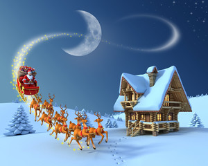Christmas night scene - Santa Claus rides reindeer sleigh © koya979