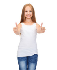 girl in blank white shirt showing thumbs up