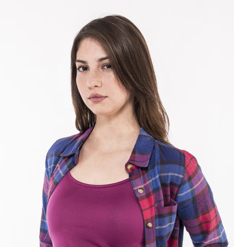 Beautiful young model with brown hair, slim and youthful