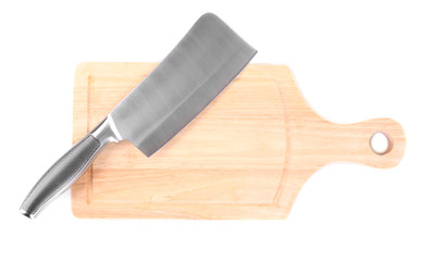 Cleaver on cutting board isolated on white