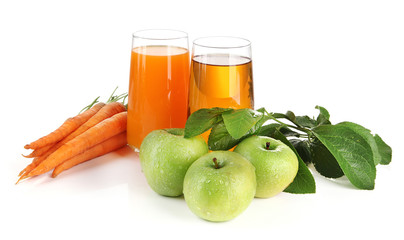 Glasses of juice, apples and carrots, isolated on white