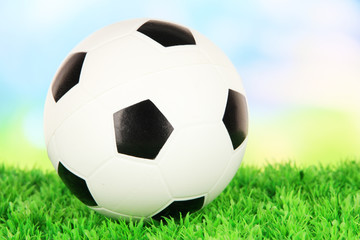 Fototapeta premium Soccer ball on green grass on bright background