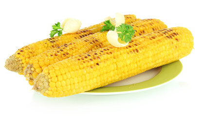 Delicious golden grilled corn with butter isolated on white