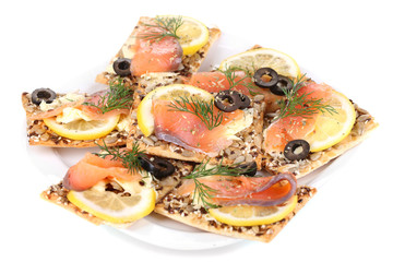 Salmon sandwiches on plate  isolated on white