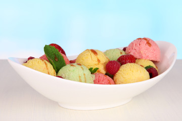 Delicious ice cream in bowl closeup