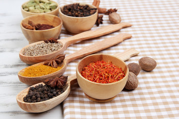 Various spices and herbs on table close up