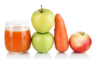 Sweet apples, juice and carrot isolated on white