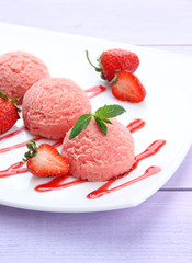 Delicious ice cream on plate on table close-up