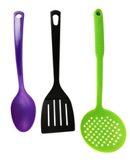 Plastic kitchen utensils isolated on white