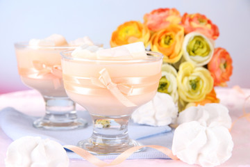 Tasty yogurt with marshmallows, close up