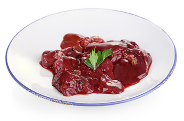 Raw liver on plate isolated on white