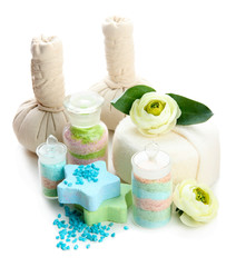 Aromatic salts in glass bottles and herbal compress balls for