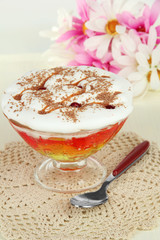 Tasty jelly in bowl on table on light background