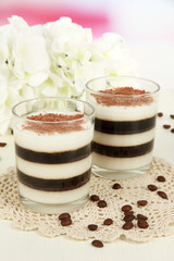 Tasty jelly coffee with milk on table on light background