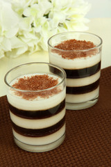 Tasty jelly coffee with milk on table close-up