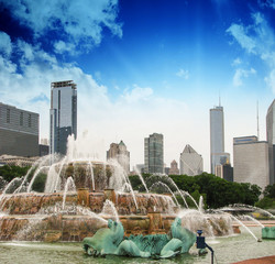 Fountain and Skyscrapers of Chicago - Illinois - USA