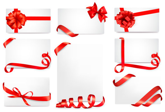Set of gift cards with red gift bows with ribbons Vector