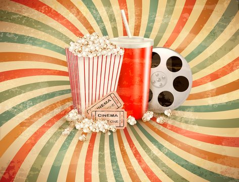 Retro background with Popcorn and a drink. Vector illustration