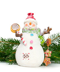 snowman with sweets isolated on white background