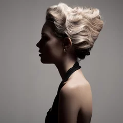 Crédence de cuisine en verre imprimé Salon de coiffure Belle Femme Blonde. Image de mode rétro.