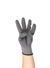 Obraz premium Hand shows four in rubber glove.