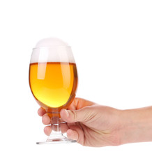 Full beer glass in hand.