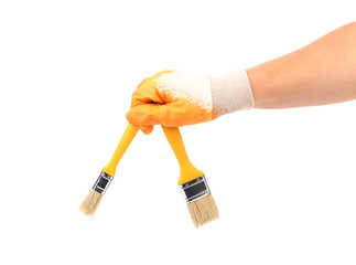 Hand in gloves holds brush.