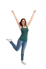 Happy young woman with glasses gesturing