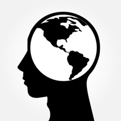 Abstract human head silhouette with globe as a brain