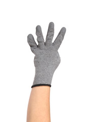 Hand shows four in rubber glove.