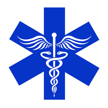 Caduceus sign in blue asterisk - medical icon