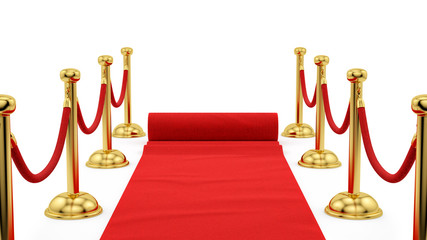 render of gold stanchions and a red carpet