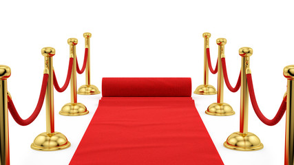 render of gold stanchions and a red carpet