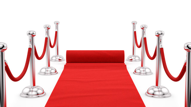 render of silver stanchions and a red carpet