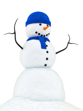 render of a snowman with blue knitted cap and scarf,