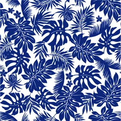 Behang Donkerblauw Tropische planten