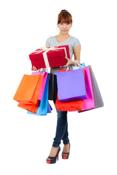 Isolated Young Asian Woman with Shopping Bags