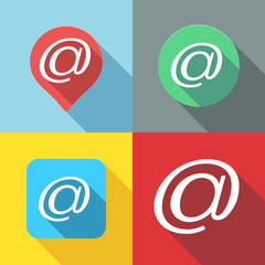 Set of Email / At sign / Arroba symbol flat icon long shadow