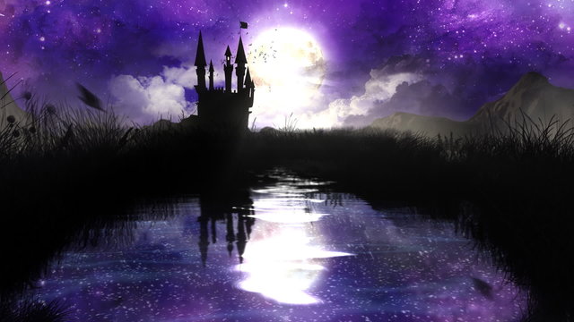Magic Night over the pond with castle - loop