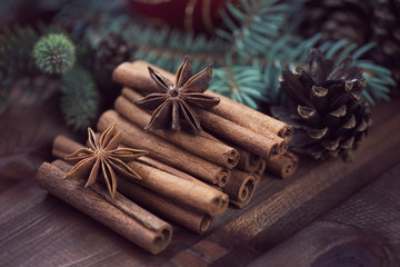 Christmas still life: cinnamon, anise and fir-cones, studio shot