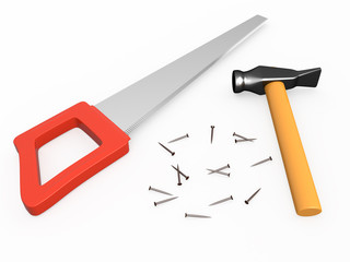 Hand saw, hammer and nails, 3D