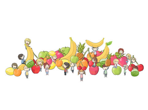 kids around several fruits.