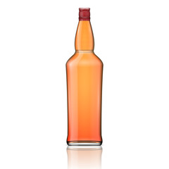 Glass whiskey bottle with red cap.