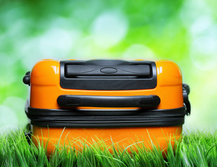 Orange suitcase in green grass on natural background
