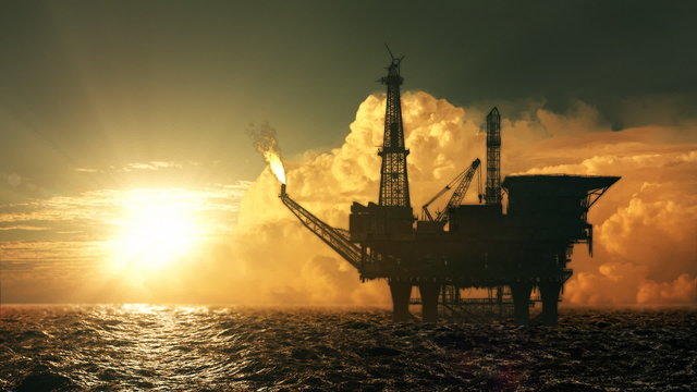 Oil platform in the sea at sunset - loop