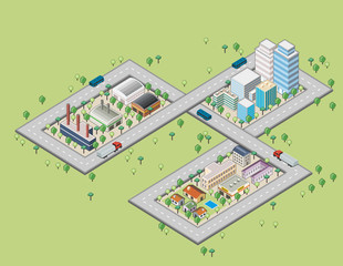 Colorful cartoon isometric city with river