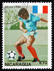 Postage stamp Nicaragua 1986 Soccer Player in Action