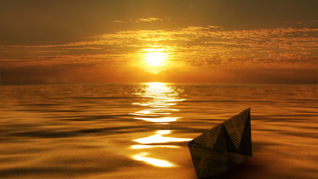 Paper boat floats in the sun